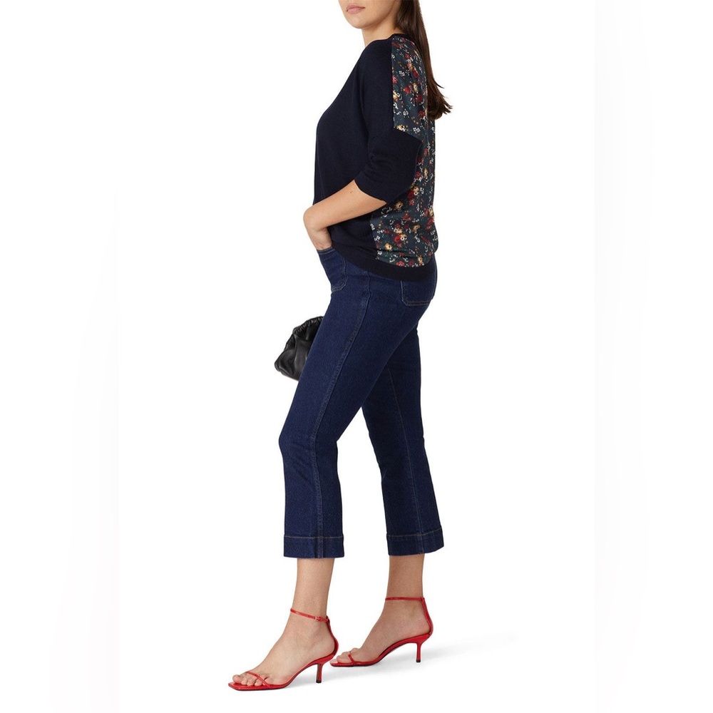 Derek Lam 10 Crosby Navy Floral Back Mixed Media Sweater Top L Orig $240